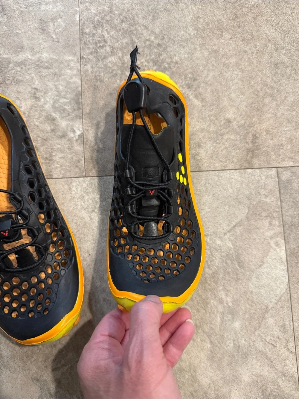 Vivobarefoot Black and Orange Water Shoes with Honeycomb Upper Size 6